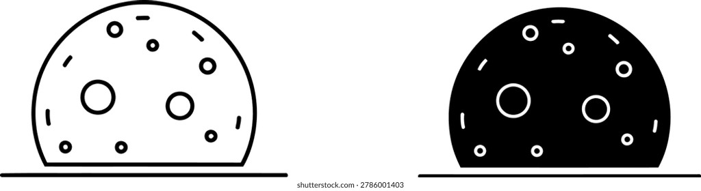 Dual graphic shows a celestial sphere with craters presented as line art and silhouette. Ideal for astronomy or space themes. Useful for educational content.