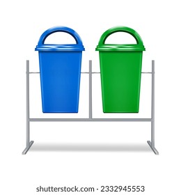 Dual green and blue industrial dustbin stand vector mockup. Color recycle outdoor dust bin set realistic mock-up. Hanging garbage waste recycling containers, trash cans