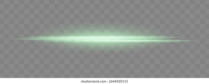 Dual green horizontal light beams with soft glow and motion blur on transparent background. Futuristic energy streak ideal for UI design, sci-fi overlays, or speed effects.