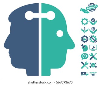 Dual Head Connection icon with bonus options images. Vector illustration style is flat iconic cobalt and cyan symbols on white background.