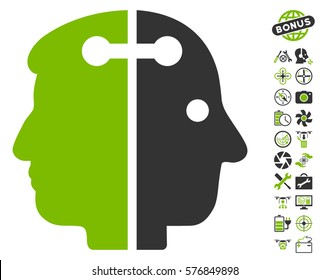 Dual Head Connection icon with bonus airdrone service pictograph collection. Vector illustration style is flat iconic eco green and gray symbols on white background.