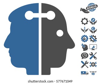 Dual Head Connection icon with bonus service graphic icons. Vector illustration style is flat iconic cobalt and gray symbols on white background.