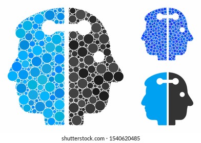 Dual head connection mosaic of circle elements in various sizes and shades, based on dual head connection icon. Vector circle elements are grouped into blue mosaic.