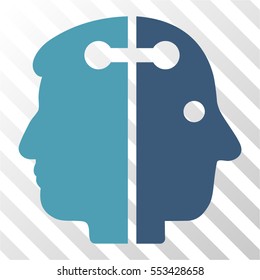 Dual Head Connection vector pictogram. Illustration style is flat iconic bicolor cyan and blue symbol on a hatched transparent background.