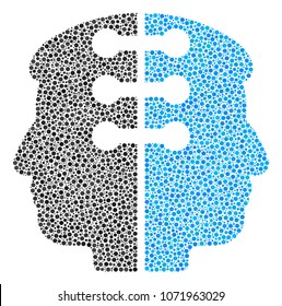 Dual Head Interface composition of round dots in different sizes and color shades. Circle dots are composed into dual head interface vector collage. Dotted vector design concept.