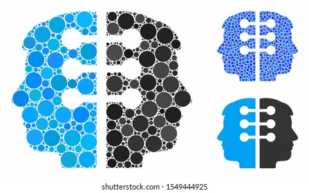 Dual head interface composition of round dots in various sizes and color tinges, based on dual head interface icon. Vector round elements are composed into blue composition.