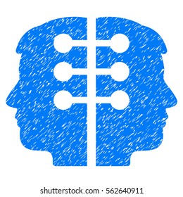 Dual Head Interface grainy textured icon for overlay watermark stamps. Flat symbol with unclean texture. Dotted vector blue ink rubber seal stamp with grunge design on a white background.