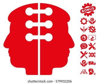 Dual Head Interface icon with bonus settings symbols. Vector illustration style is flat iconic red symbols on white background.