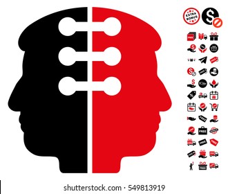 Dual Head Interface icon with free bonus pictograms. Vector illustration style is flat iconic symbols, intensive red and black colors, white background.