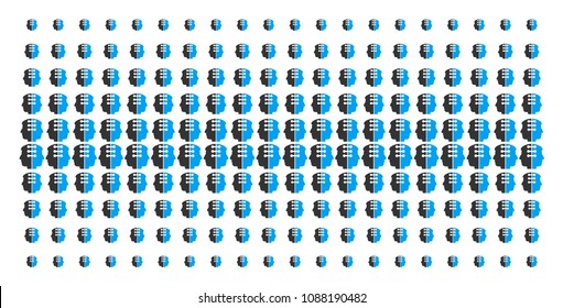 Dual head interface icon halftone pattern, designed for backgrounds, covers, templates and abstraction concepts. Vector dual head interface pictograms organized into halftone array.