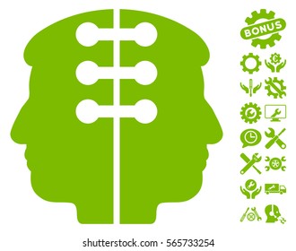Dual Head Interface pictograph with bonus options symbols. Vector illustration style is flat iconic eco green symbols on white background.