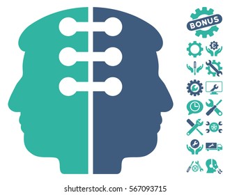 Dual Head Interface pictograph with bonus service graphic icons. Vector illustration style is flat iconic cobalt and cyan symbols on white background.