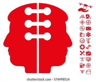 Dual Head Interface pictograph with bonus quadrocopter service graphic icons. Vector illustration style is flat iconic symbols on white background.
