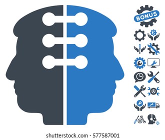 Dual Head Interface pictograph with bonus options graphic icons. Vector illustration style is flat iconic smooth blue symbols on white background.