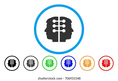 Dual Head Interface vector rounded icon. Image style is a flat gray icon symbol inside a blue circle. Bonus color versions are grey, black, blue, green, red, orange.