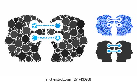 Dual heads interface connection composition of filled circles in different sizes and color tinges, based on dual heads interface connection icon. Vector filled circles are united into blue mosaic.