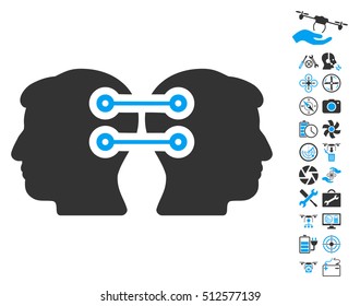 Dual Heads Interface Connection icon with bonus nanocopter service design elements. Vector illustration style is flat iconic blue and gray symbols on white background.