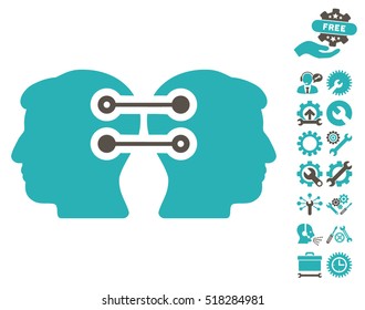 Dual Heads Interface Connection icon with bonus configuration graphic icons. Vector illustration style is flat iconic grey and cyan symbols on white background.