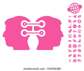 Dual Heads Interface Connection icon with free bonus symbols. Vector illustration style is flat iconic symbols, pink color, white background.