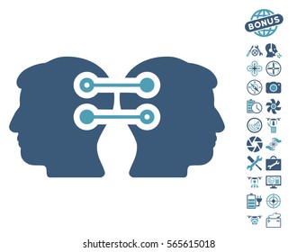Dual Heads Interface Connection icon with bonus quad copter tools pictograms. Vector illustration style is flat iconic cyan and blue symbols on white background.