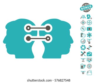 Dual Heads Interface Connection icon with bonus airdrone tools pictograms. Vector illustration style is flat iconic grey and cyan symbols on white background.