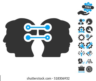 Dual Heads Interface Connection pictograph with bonus settings graphic icons. Vector illustration style is flat iconic blue and gray symbols on white background.