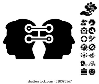 Dual Heads Interface Connection pictograph with bonus settings icon set. Vector illustration style is flat iconic black symbols on white background.
