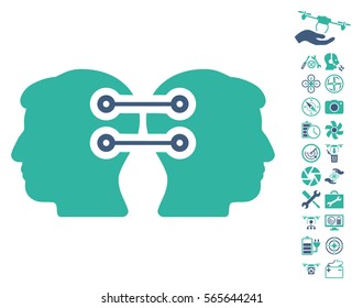 Dual Heads Interface Connection pictograph with bonus flying drone tools graphic icons. Vector illustration style is flat iconic cobalt and cyan symbols on white background.