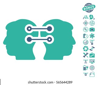 Dual Heads Interface Connection pictograph with bonus nanocopter service graphic icons. Vector illustration style is flat iconic cobalt and cyan symbols on white background.