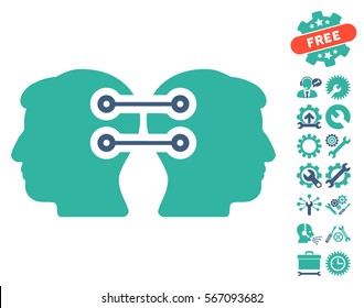 Dual Heads Interface Connection pictograph with bonus configuration pictograph collection. Vector illustration style is flat iconic cobalt and cyan symbols on white background.