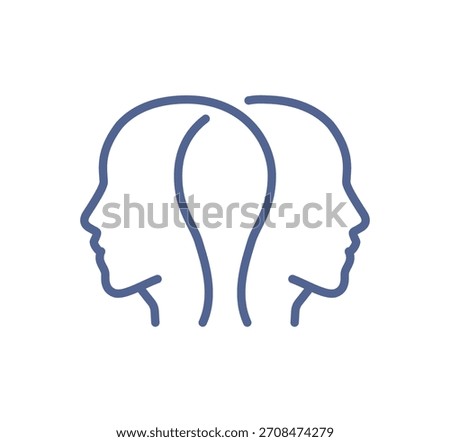 Dual human head profile icon, illustrating communication, shared thinking, psychology concepts, teamwork understanding, mental connection and collective intelligence flat vector illustration.