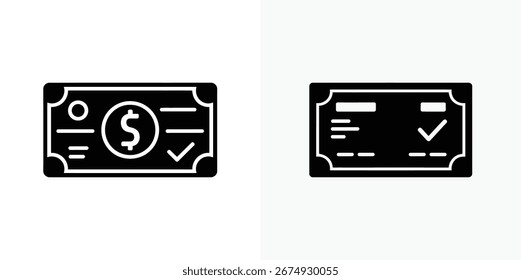 A dual icon design displaying a monetary check with a dollar symbol and another showing payment approval. Clear, solid black silhouettes against a white background.