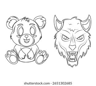 Conjunto de ícone duplo com um urso bonito e lobo feroz na arte de linha desenhada à mão. Ideal para contrastes em personagens: bom vs selvagem. Use em jogos, livros ou mercadorias.