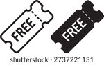 Dual icons featuring a coupon ticket marked "FREE," symbolizing discounts, promotions, complimentary offers, or special giveaways.