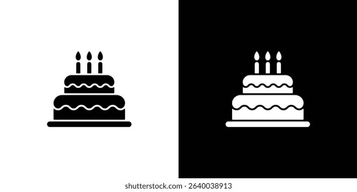 Dual image showcasing a simple layered cake icon topped with lit candles, presented in both black on white and white on black for versatile use.