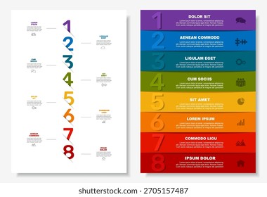 Dual infographic layouts with numbered steps, icons, and placeholder text for business, planning, or presentation purposes. Vector illustration.