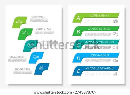Dual infographic layouts with numbered steps, icons, and placeholder text for business, planning, or presentation purposes. Vector illustration.