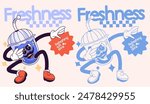 Dual mascot concept inspired by 1960s psychedelic mascots for a refreshing blue soft drink that is both refreshing and cheerful.
