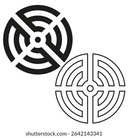 Dual maze icons. Puzzle labyrinth design. Symmetrical ring form. Vector contrast shapes.