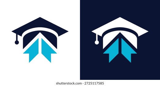 Logotipo de duplo significado que combina uma seta e um teto de graduação, simbolizando o progresso do aprendizado, a realização, a ambição e o movimento progressivo em direção ao sucesso futuro.