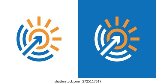 Logotipo de duplo significado combinando uma seta e sol, simbolizando direção, crescimento, energia, otimismo e progresso em direção a um futuro brilhante.