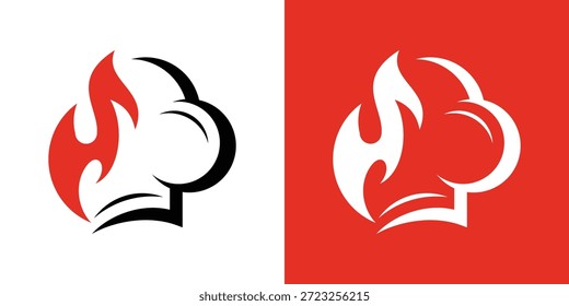 Logotipo de doble significado que combina un sombrero de chef y una llama, que simboliza la experiencia culinaria, la pasión, la creatividad y la cocina profesional con una identidad moderna y limpia.
