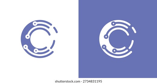 Logotipo de doble significado que combina un círculo y conexiones tecnológicas, simbolizando unidad, continuidad, innovación y redes digitales integradas en un diseño moderno.