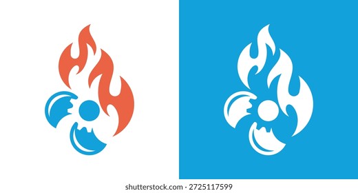 Logotipo de doble significado que combina Elementos de fuego y ventilador, que simboliza el control de la temperatura, el equilibrio energético, la ventilación y las soluciones eficientes de refrigeración o calefacción.