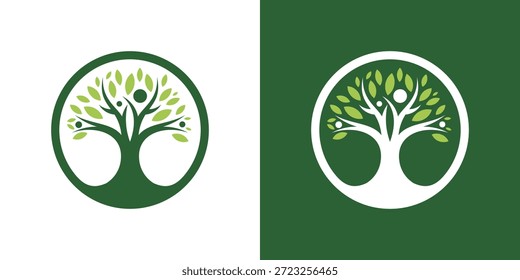 Logotipo com duplo significado que combina uma figura humana e uma árvore, simbolizando o crescimento, a harmonia, a sustentabilidade e a ligação entre as pessoas e a natureza.