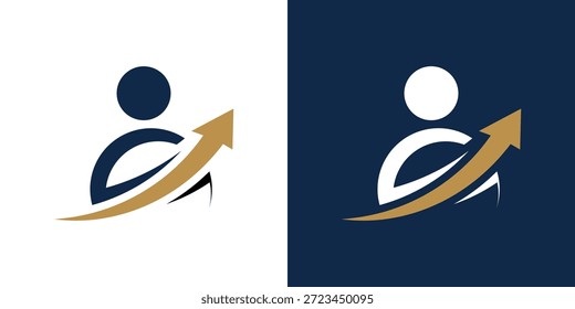 Logotipo de doble significado que combina una figura humana y una flecha, que simboliza el progreso, la dirección, el crecimiento y el movimiento orientado a objetivos en un diseño moderno y profesional.