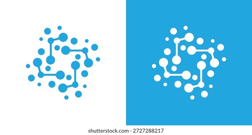 Logotipo de duplo significado combinando uma molécula e pontos conectados, simbolizando ciência, conectividade, inovação e sistemas integrados de pesquisa ou tecnologia.