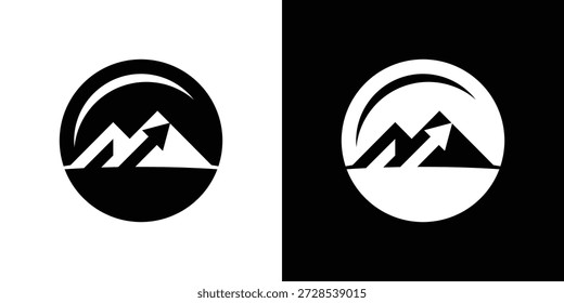Logotipo de duplo significado combinando uma montanha e uma seta, simbolizando ambição, direção, realização, progresso e a direção em direção a objetivos mais elevados.