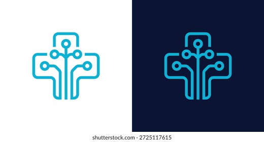 Logotipo de doble significado que combina un símbolo plus y Elementos de circuitos tecnológicos, que simbolizan la tecnología médica, la innovación, la conectividad y las soluciones avanzadas de atención médica digital.