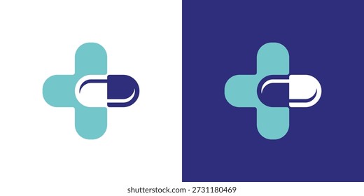 Logotipo de doble significado que combina un símbolo más y una píldora, que simboliza la atención médica, la Asistencia médica, el tratamiento y el valor agregado en las soluciones de salud modernas.